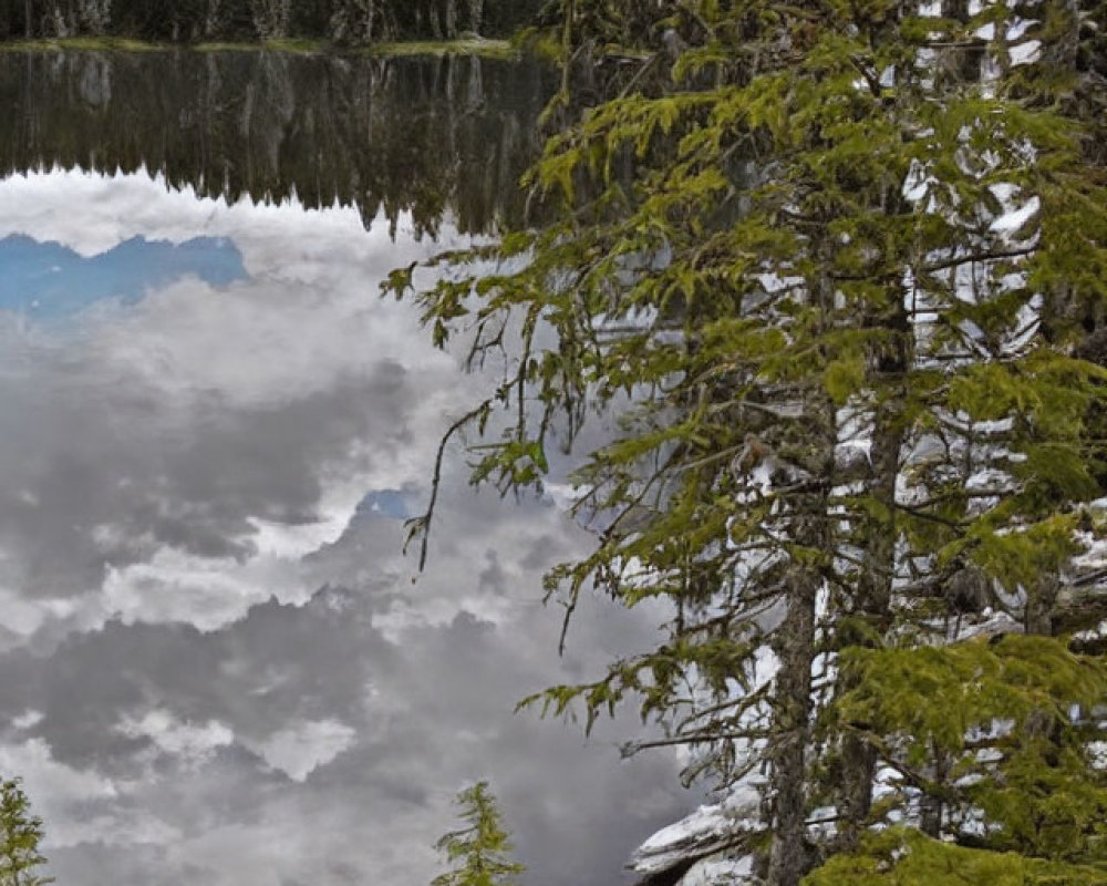 Tranquil lake with evergreen trees and snow patches