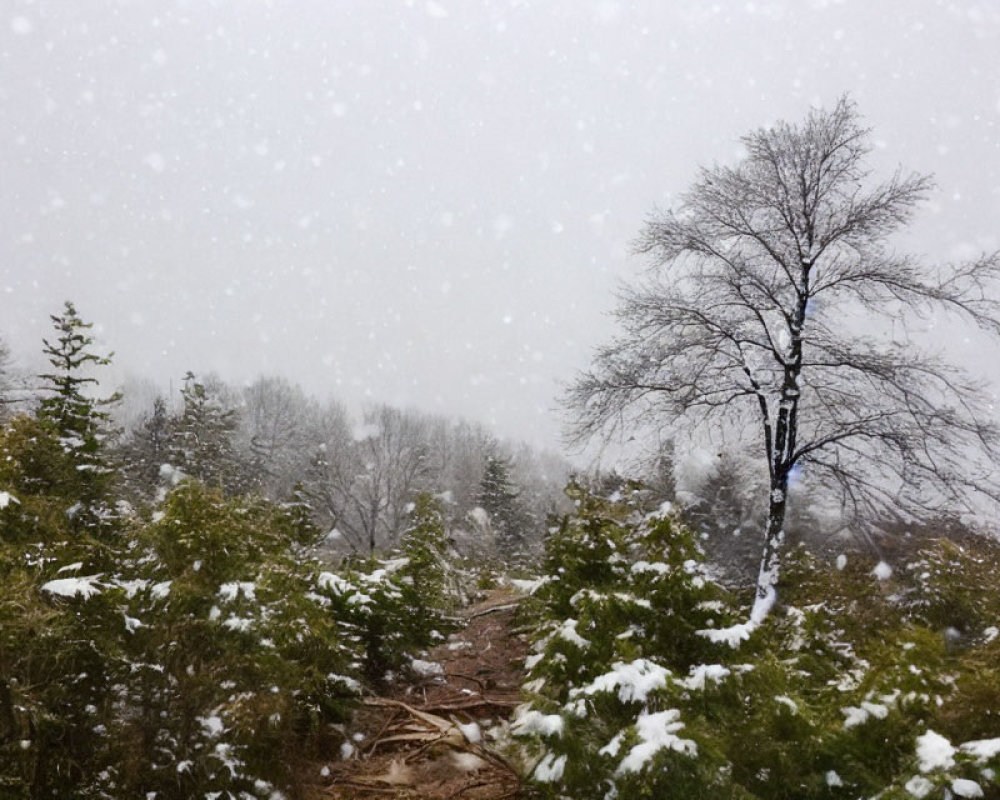 Snowy landscape with evergreen and leafless trees under falling snowflakes