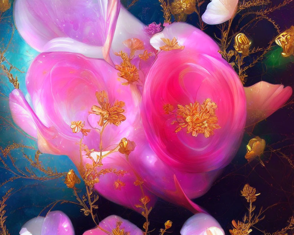 Vibrant cosmic background with glowing pink petals and golden flora