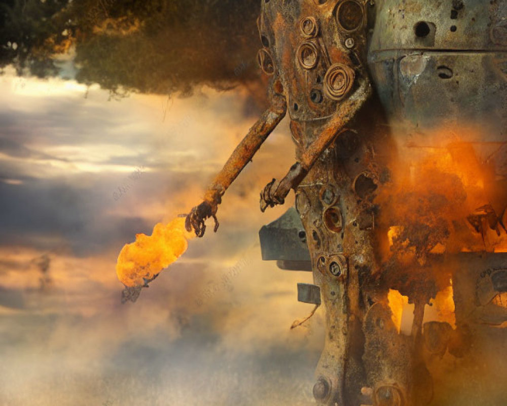 Rustic robot with flamethrower beside burning vehicle in smoky sunset scene