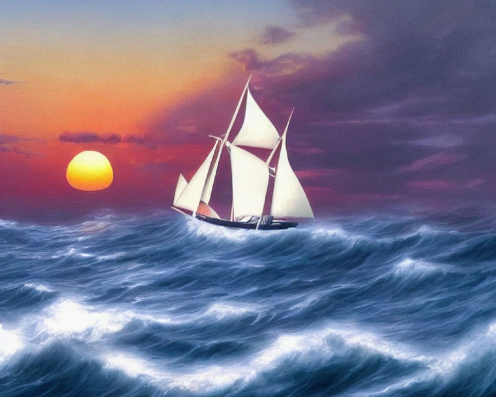 Sailboat on choppy seas at sunset with large sun and colorful sky