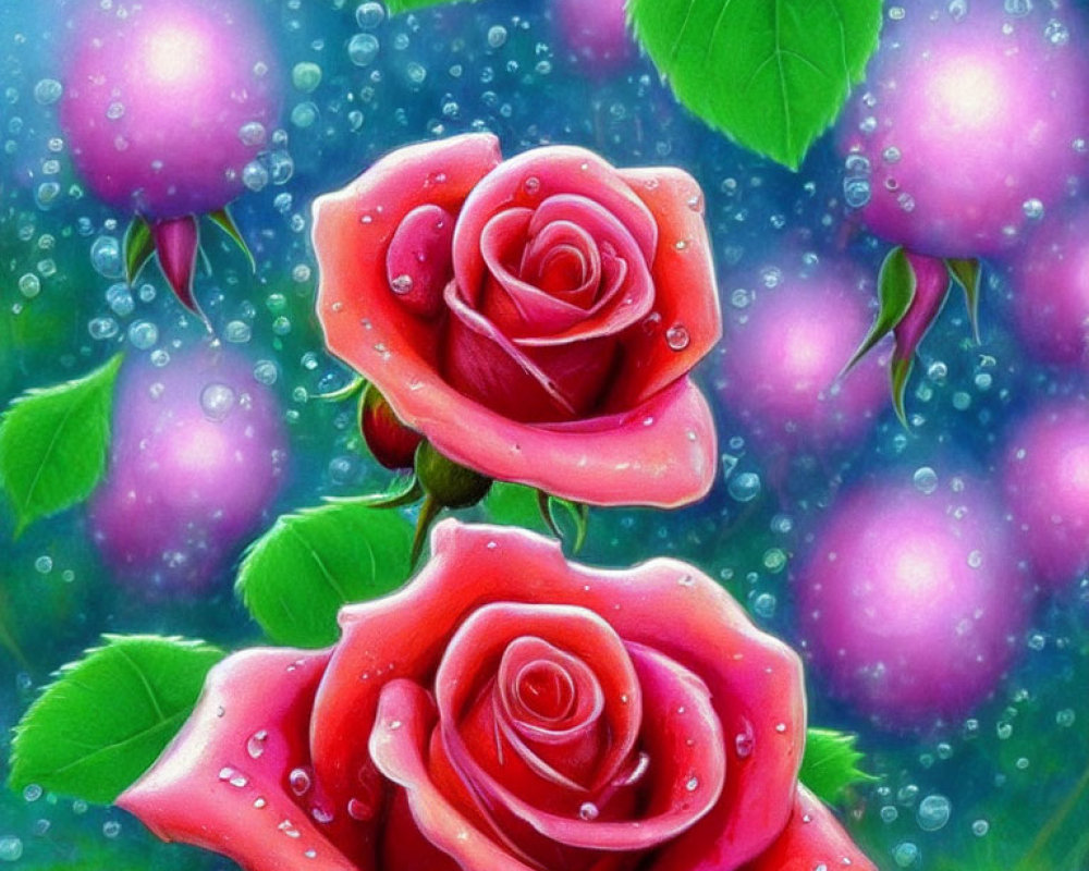 Colorful dew-covered red roses with green leaves on purple orbs backdrop.