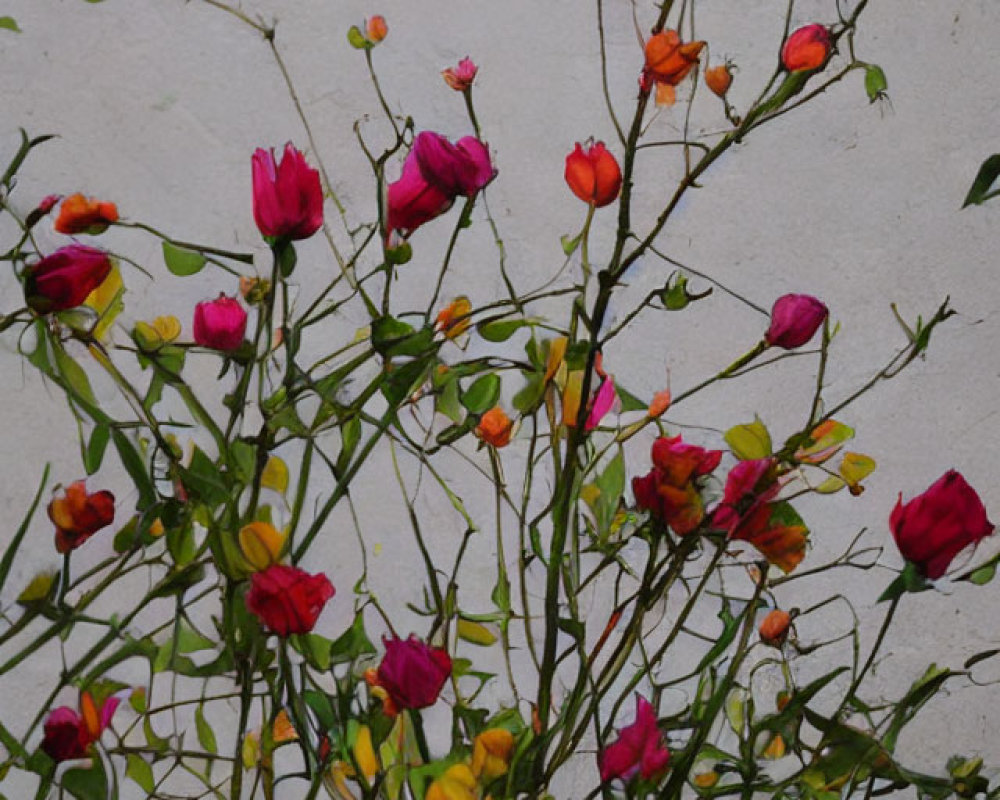 Vibrant Yellow, Pink, and Red Blossoms on Pale Wall