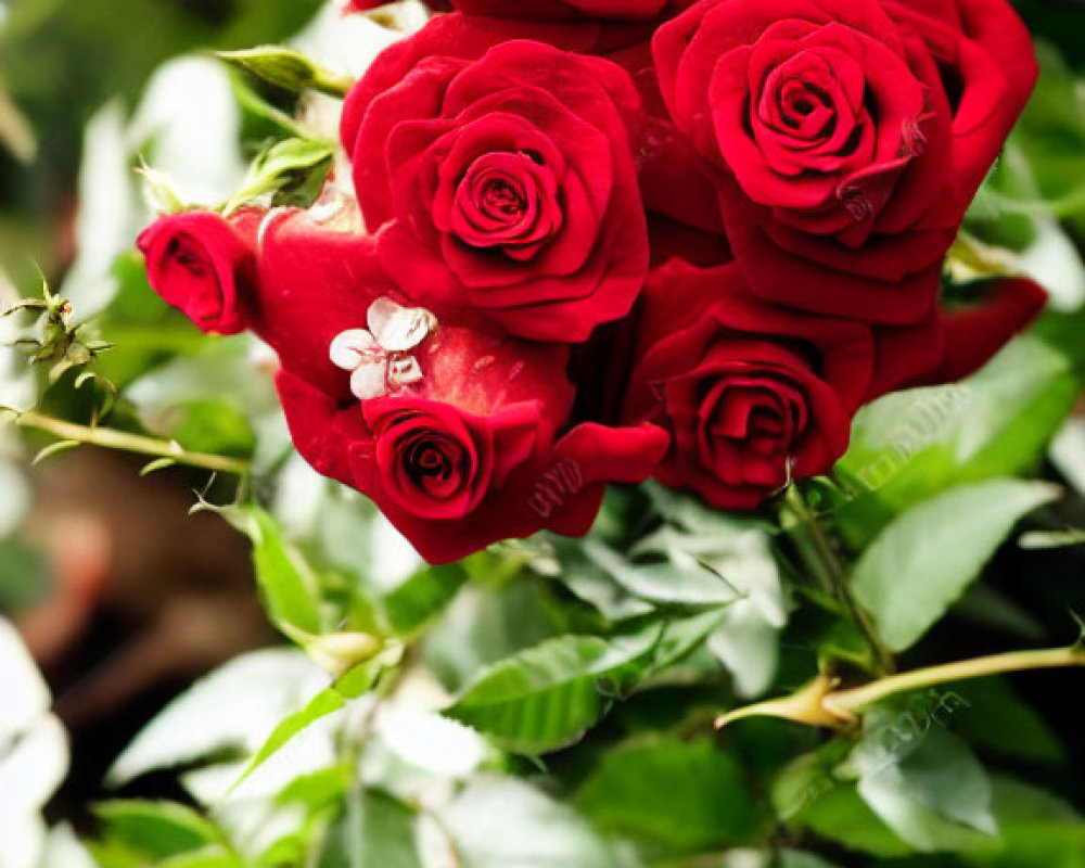 Red Roses Bouquet with Green Leaves and White Spider