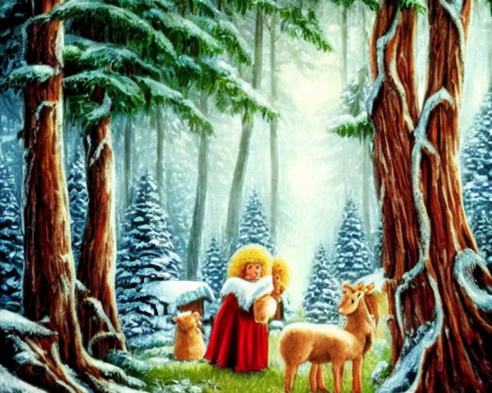 Illustration of two golden-haired figures in mystical forest with snow, trees, and animals.