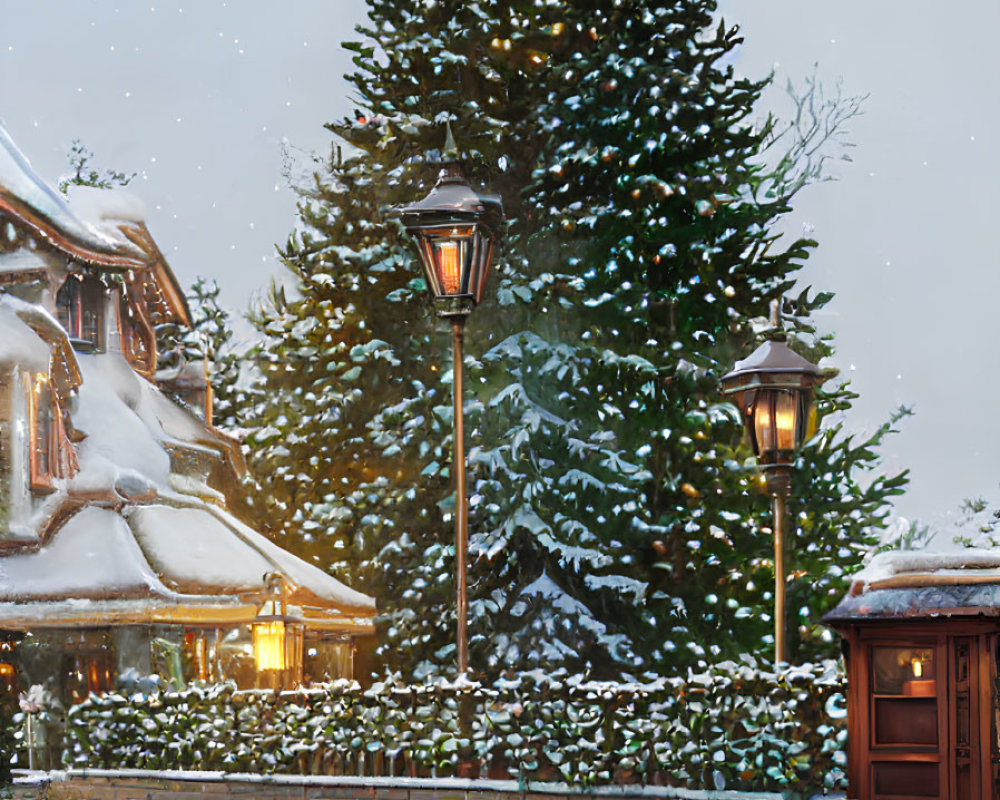 Winter Wonderland: Snow-covered Christmas scene with glowing tree and lights