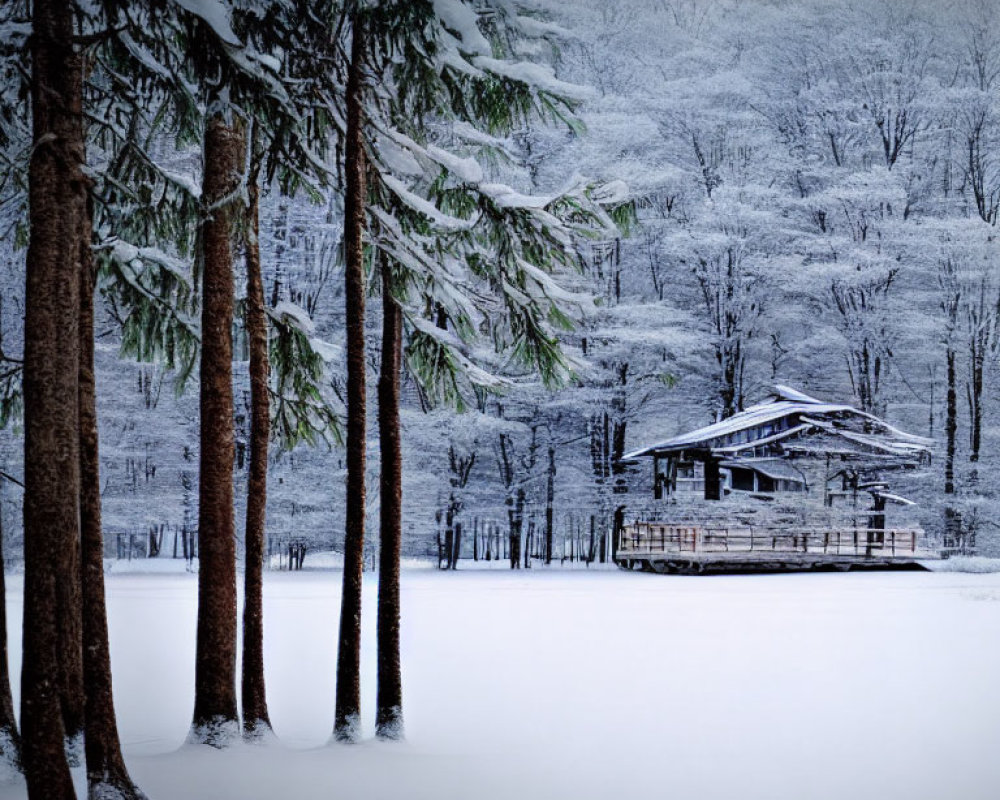 Snow-covered trees and wooden gazebo in serene winter forest