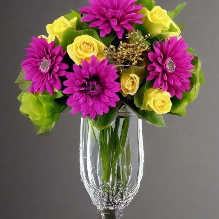 Yellow Roses and Purple Daisies Bouquet in Clear Glass Vase