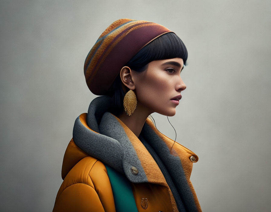 Stylish woman in mustard jacket and striped hat with large earrings on neutral background