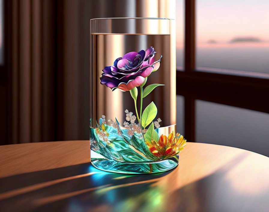 Colorful illustrated flower in transparent container on wooden surface with sunset view