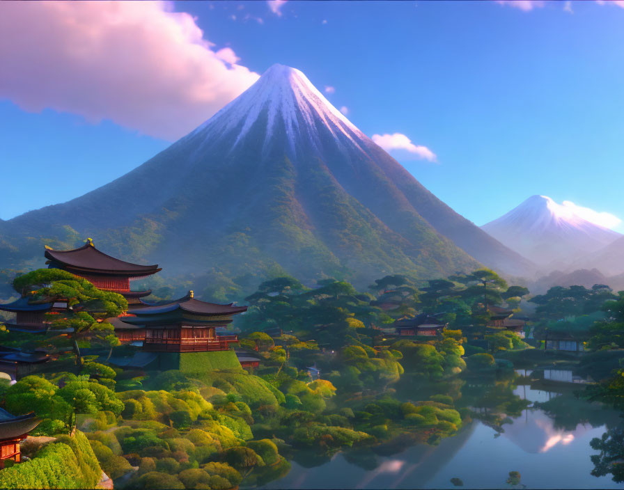 Tranquil animated landscape with mountain, pagodas, and lake