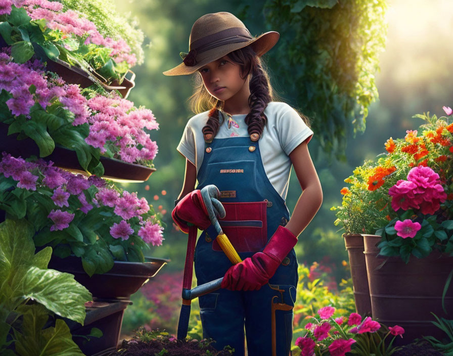 Young girl in hat and overalls surrounded by flowers and holding gardening tools