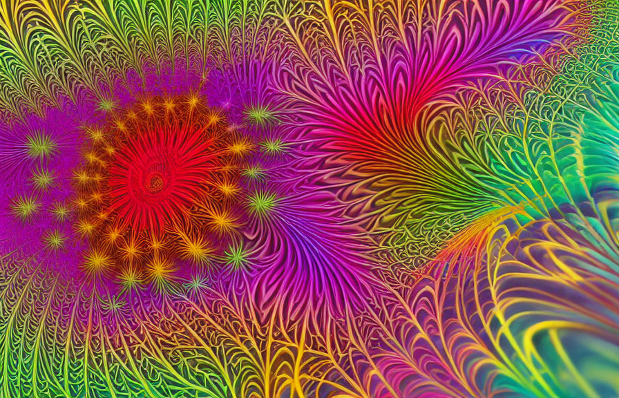 Colorful Fractal Art: Red to Green Swirls & Feather-like Textures