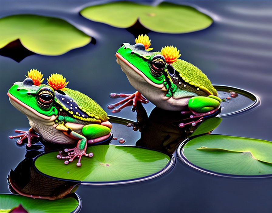 Vibrant Green Frogs with Decorative Patterns on Lily Pads