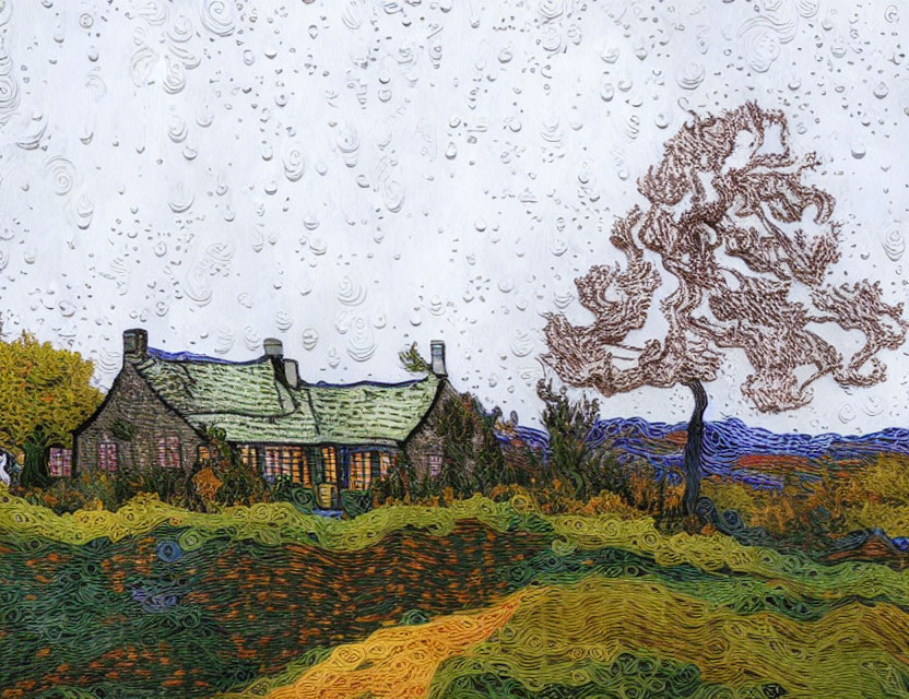 Thatched Roof House Painting with Swirling Fields and Rainy Sky