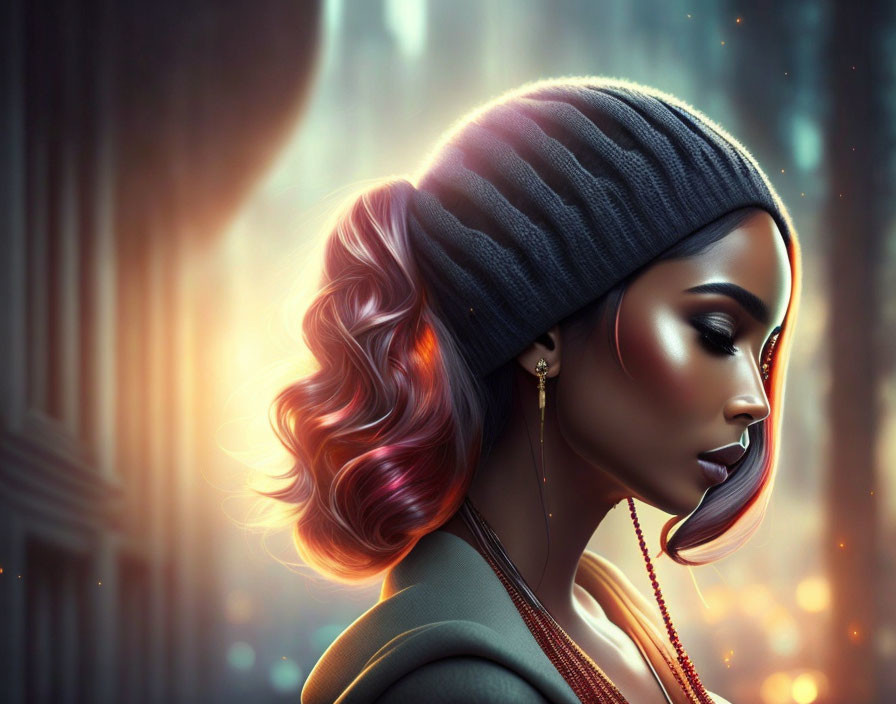 Stylized woman with beanie, wavy hair, and distinct makeup on soft-lit bo