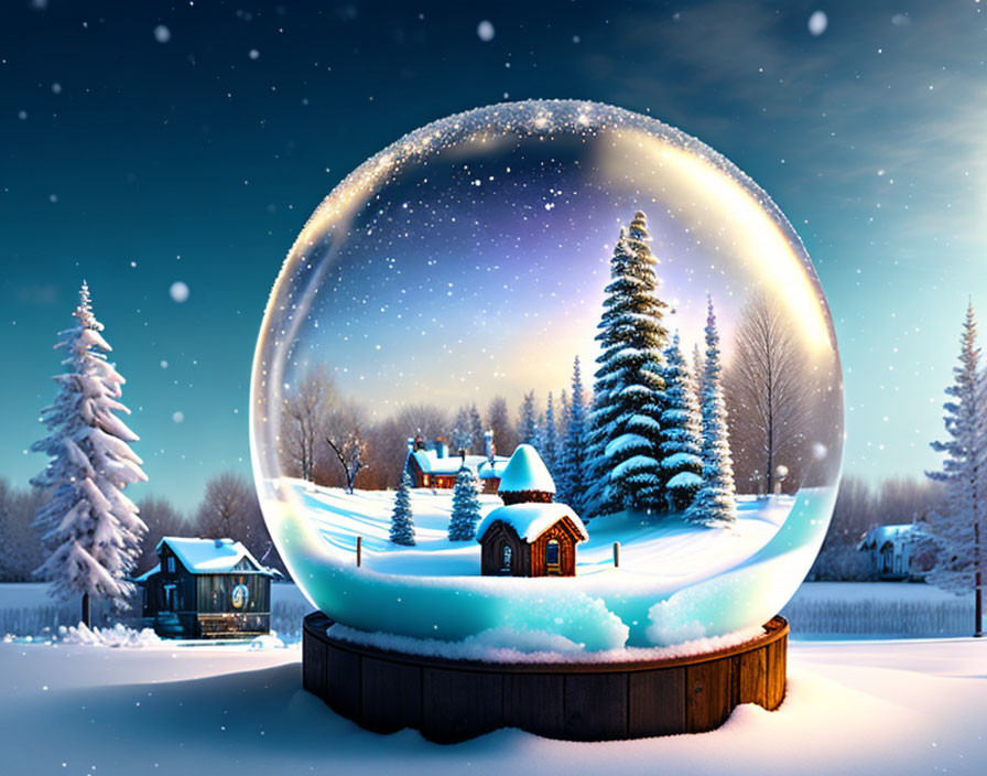 Snow globe wintry scene with snowy trees, cottage, stars, snowy backdrop.