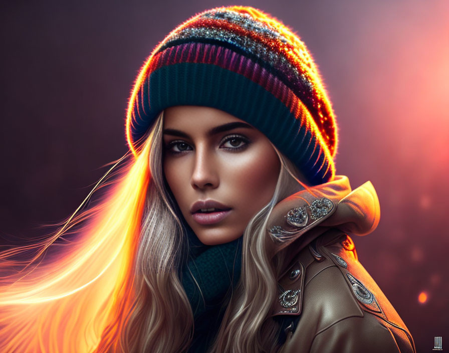 Woman in Colorful Knit Beanie & Leather Jacket on Warm Background