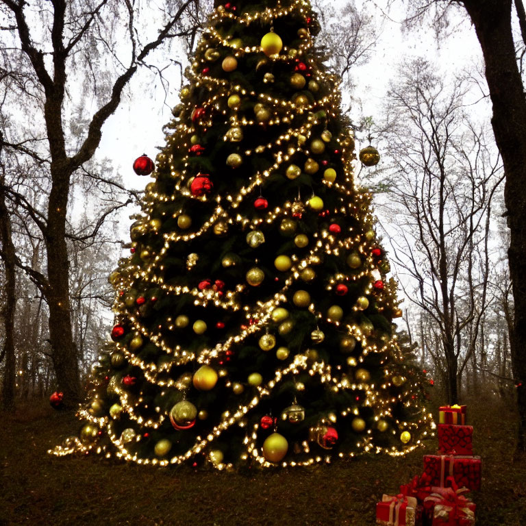 Decorated Outdoor Christmas Tree with Red and Gold Ornaments and Presents in Forest Setting