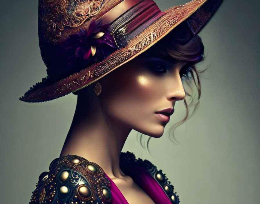 Stylish woman with golden makeup and colorful hat against gray background