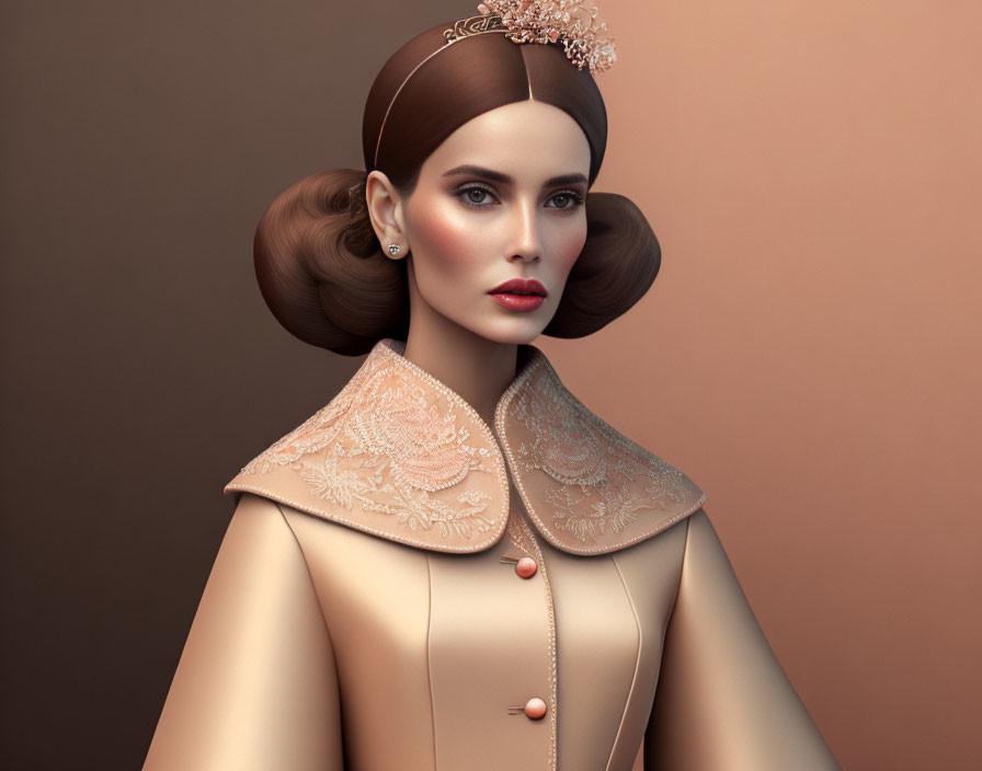 Stylized portrait of woman with hair buns and elegant coat against neutral backdrop