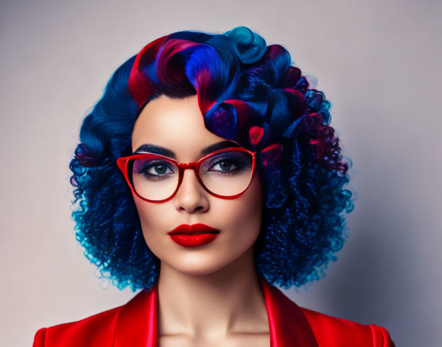 Woman with Vibrant Blue and Red Curly Hair and Stylish Red Glasses