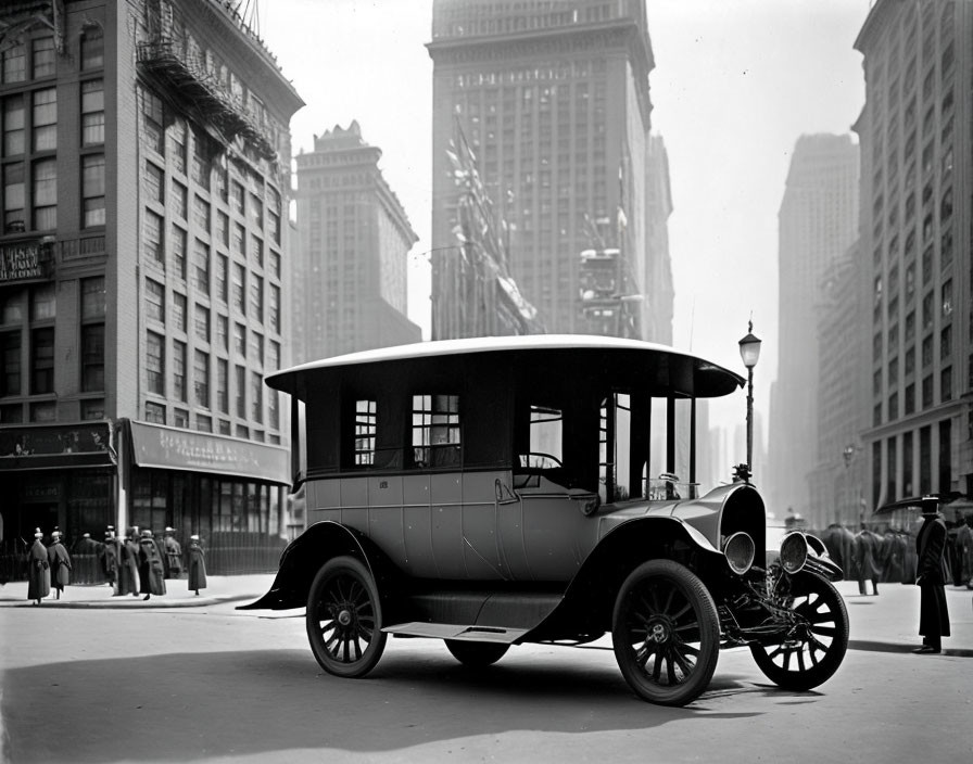 Early 20th-Century Bus on City Street with Pedestrians