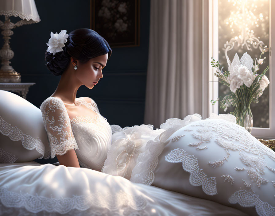 Bride in lace wedding gown by window with bouquet and updo hairstyle