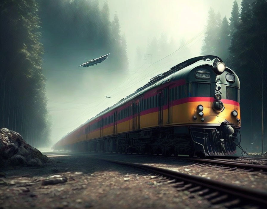 Vintage train and airplane in misty forest scenery