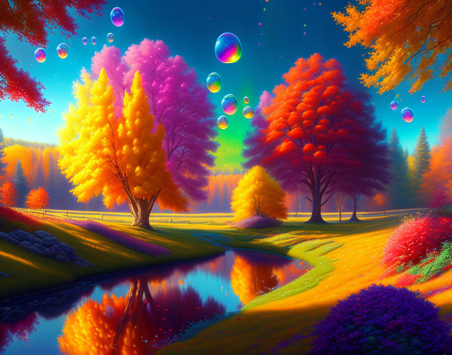 Colorful Autumn Landscape with Trees, Bubbles, Pond, and Sunlit Terrain