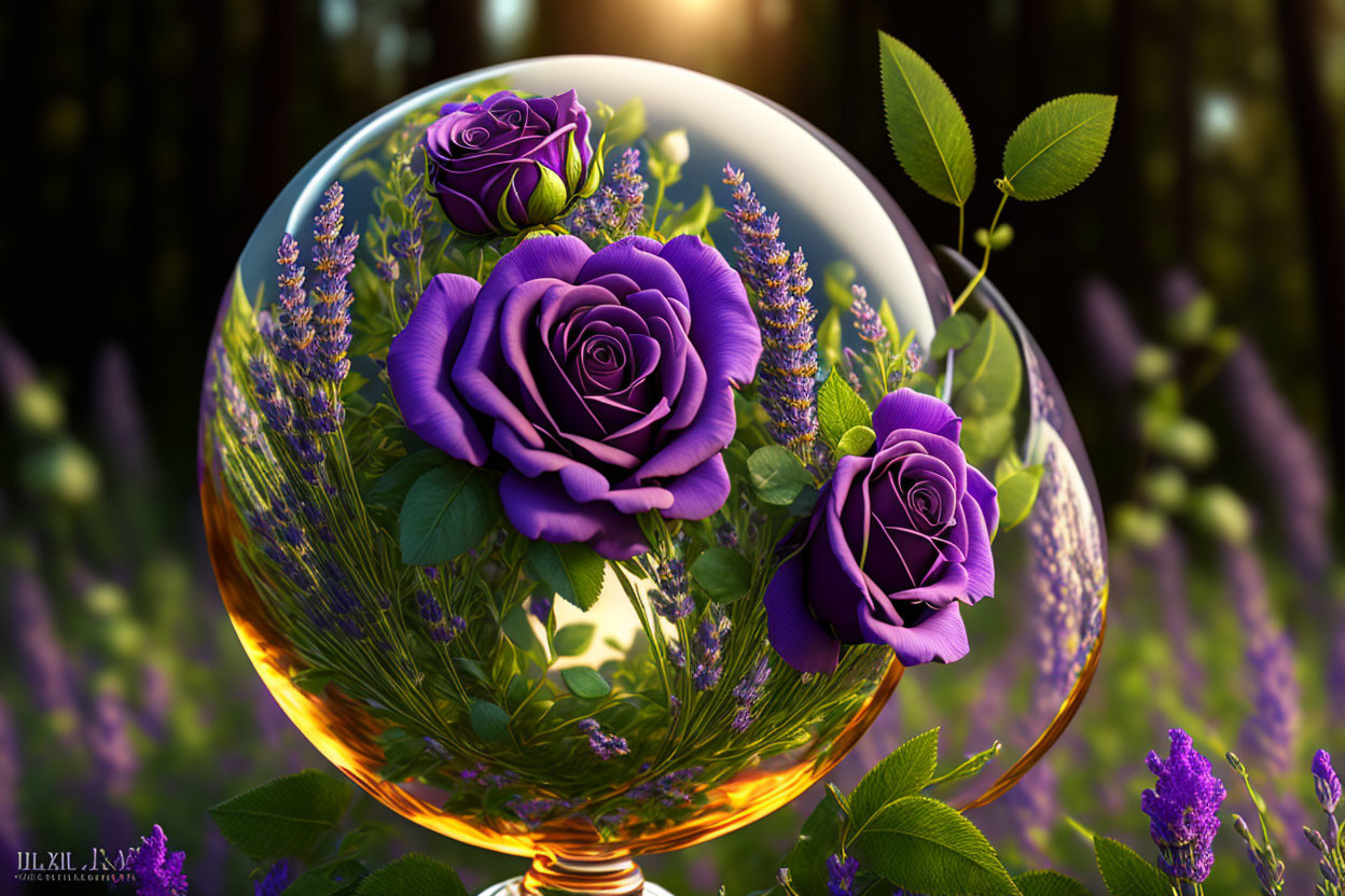 Transparent orb with purple roses in forest setting