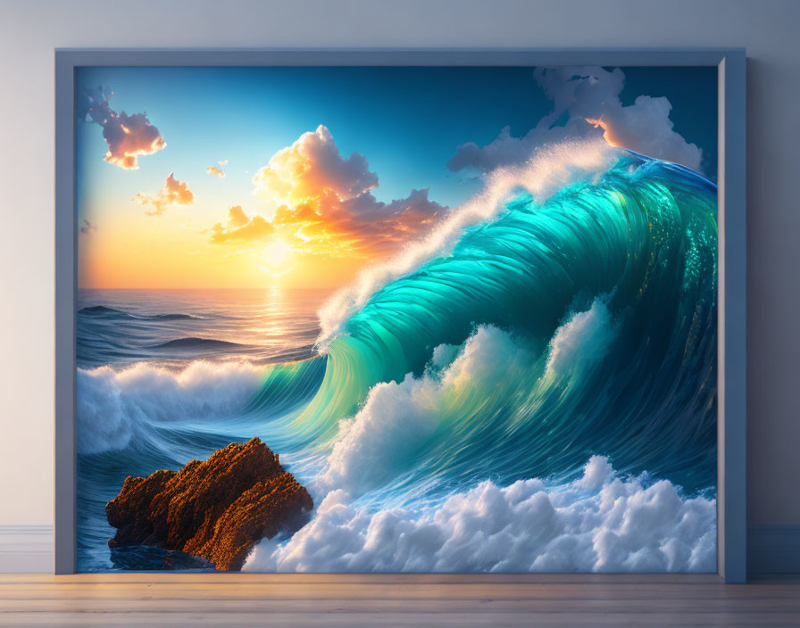 Majestic wave cresting under sunset sky in framed image