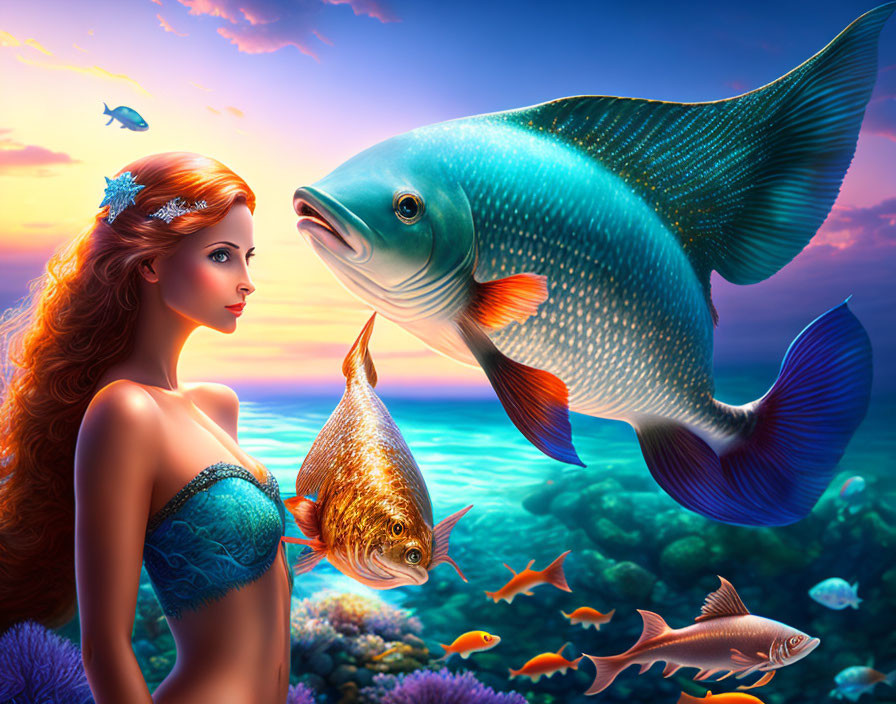 Mermaid with Long Hair and Realistic Fish in Vibrant Underwater Scene