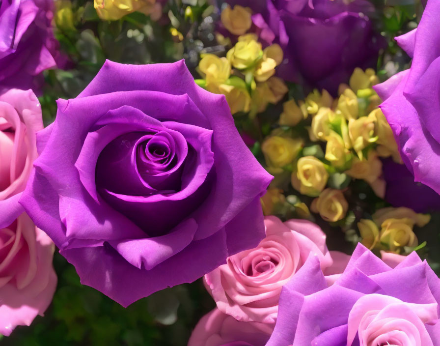 Colorful Rose Collection with Striking Purple Rose and Soft Pink & Yellow Roses