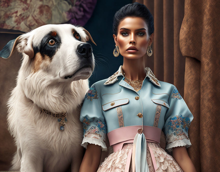 Woman in pastel blue jacket with lace details and large white and brown dog in elegant portrait.