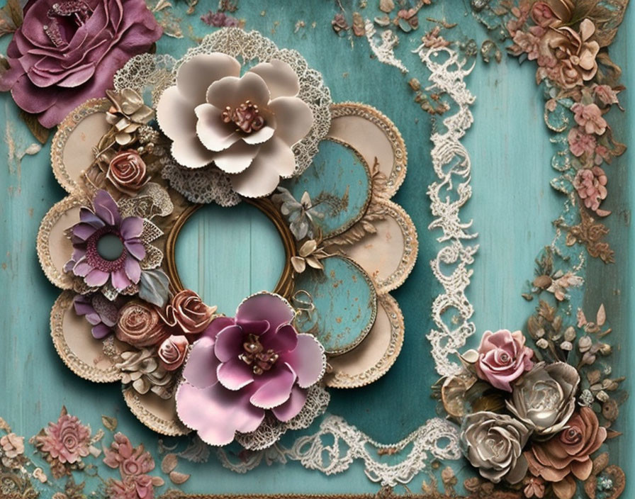 Vintage floral arrangement with lace, roses, and ornate frame on teal textured backdrop