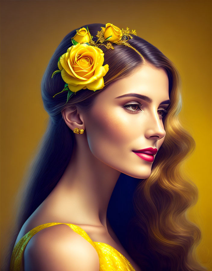 Side portrait of a woman with yellow roses in hair, golden earrings, yellow outfit, against yellow background