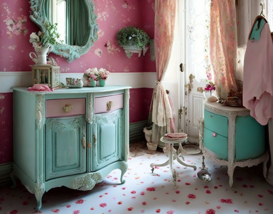 Charming vintage room with pastel turquoise furniture and floral pink wallpaper