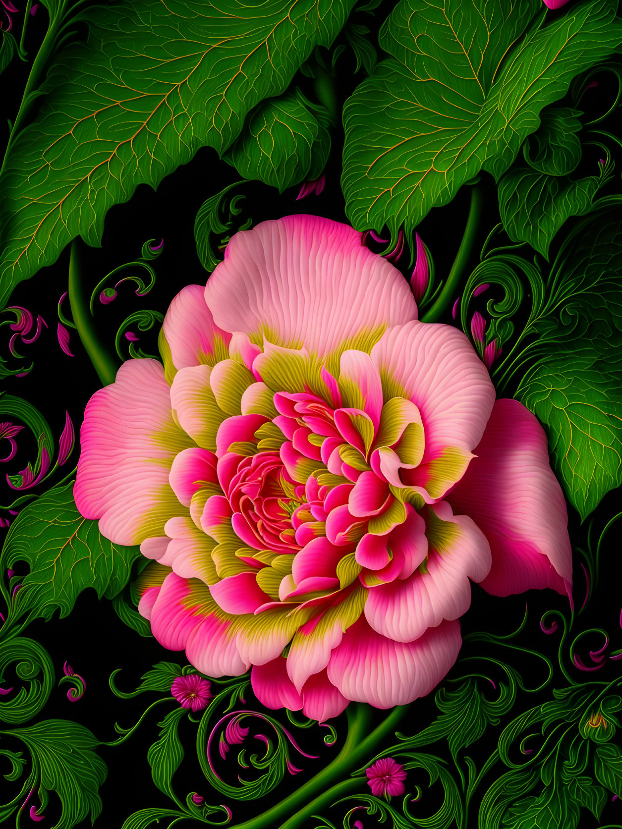 Colorful digital artwork: Pink peony, green leaves, swirling patterns on black