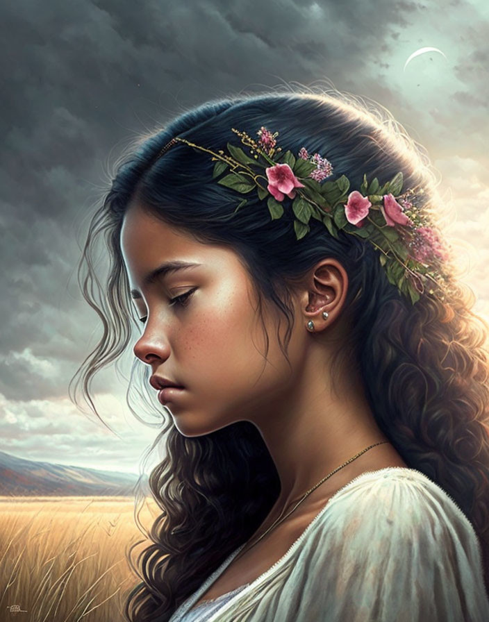 Young woman with wavy hair and floral crown in golden field under dramatic skies