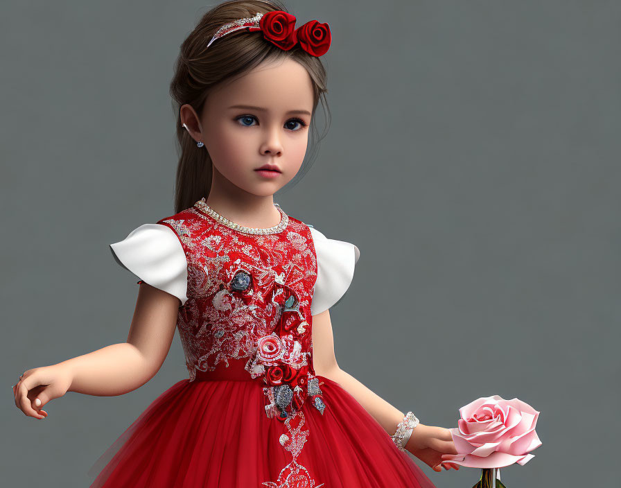 Young Girl in Red Floral Dress Holding Pink Rose in 3D Rendering