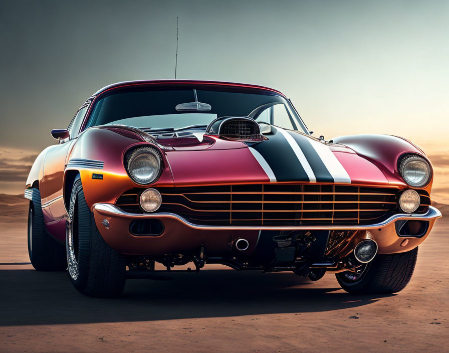 Classic Red Sports Car with Racing Stripes and Hood Scoop at Sunset