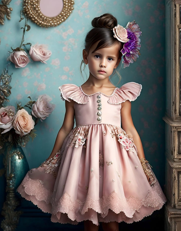 Young girl in pink dress with flower accessory against vintage floral wallpaper