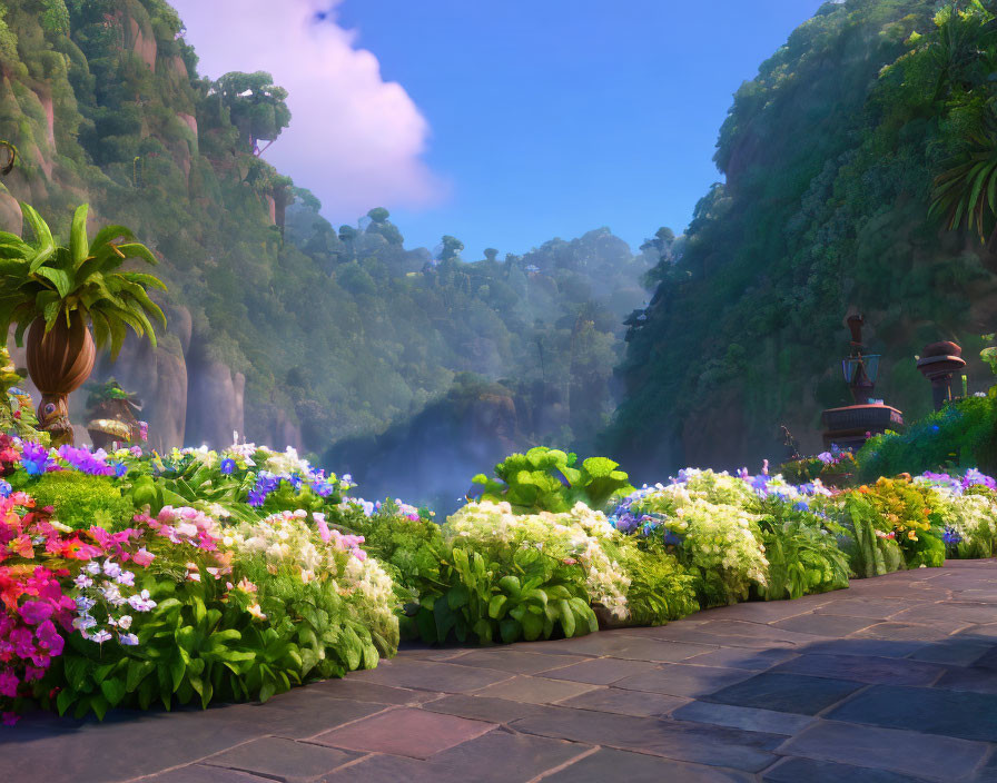 Colorful Flower Garden Overlooking Misty Waterfall Canyon