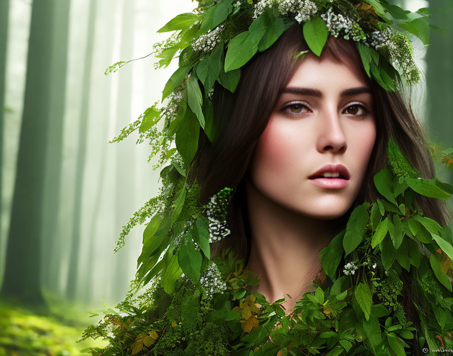 Woman wearing green leaf and white flower wreath in forest