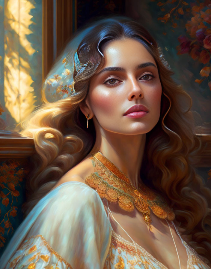 Digital portrait of woman with wavy hair and ornate golden attire against floral backdrop