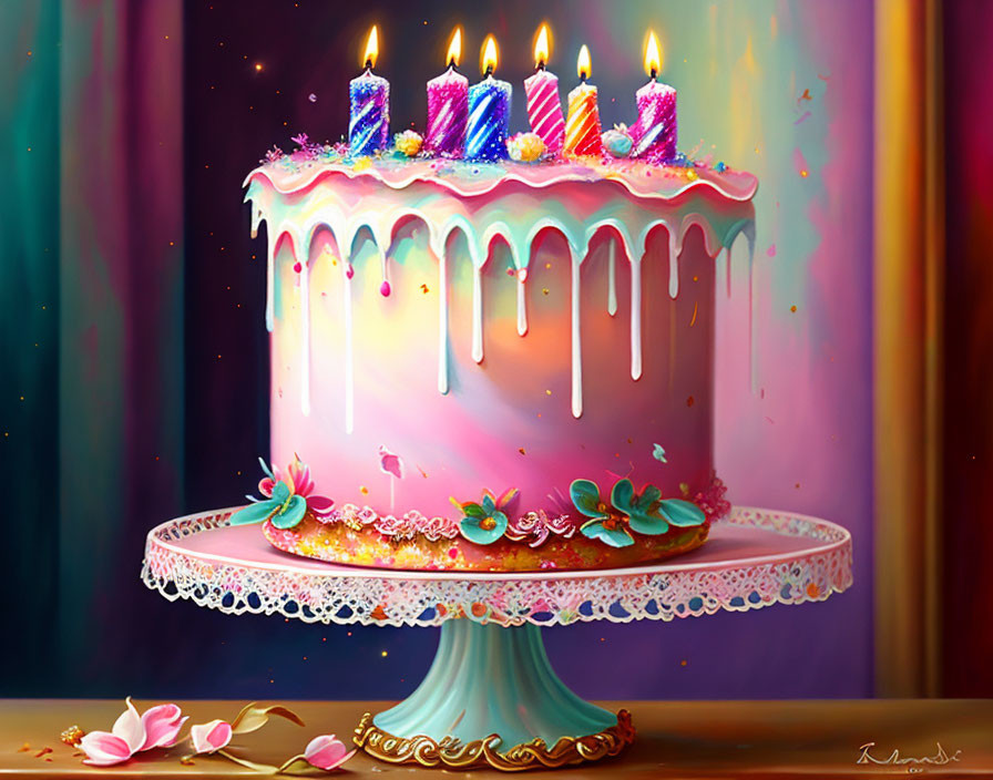 Colorful Birthday Cake with Dripping Icing and Lit Candles