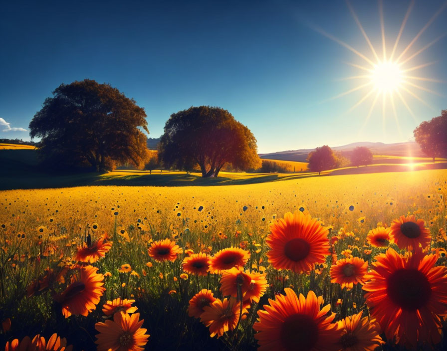 Bright orange sunflowers in a sunny field landscape