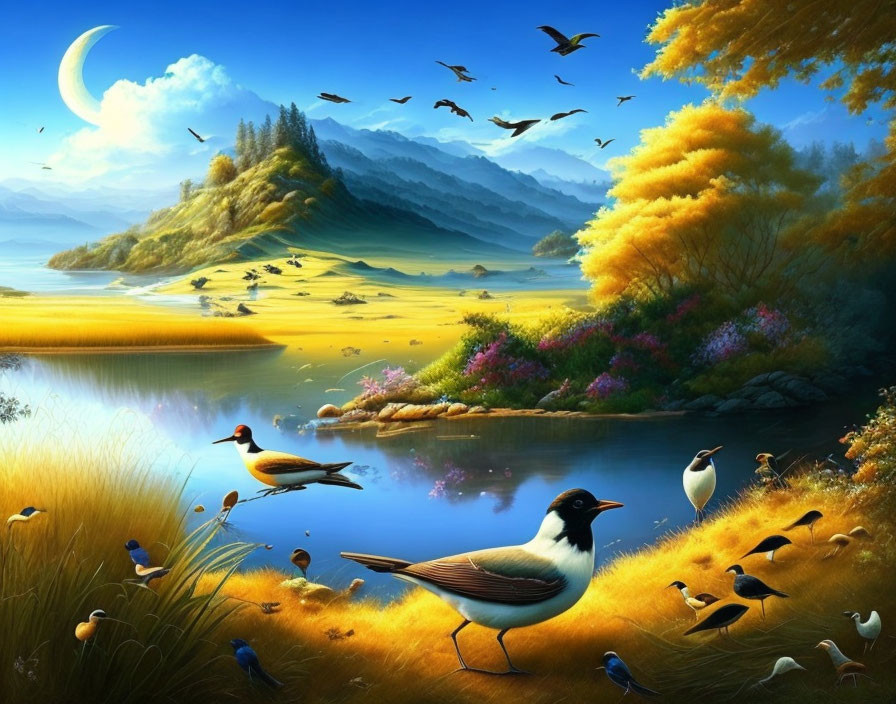 Colorful landscape illustration with birds, lake, hills, flora, and crescent moon