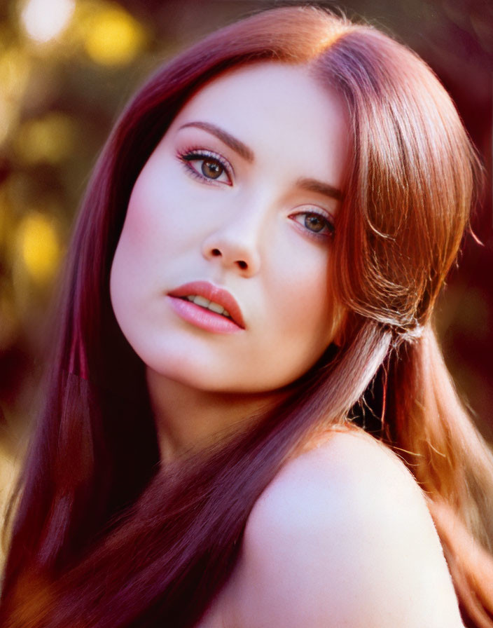 Portrait of woman with long auburn hair, fair skin, and green eyes against blurred background